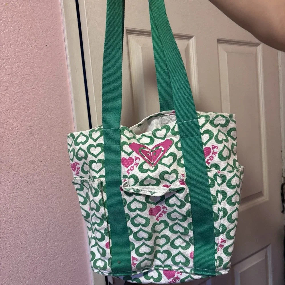 Vintage Y2K Roxy Canvas Tote Bag Green Pink Heart Print Shoulder Handbag Pocket